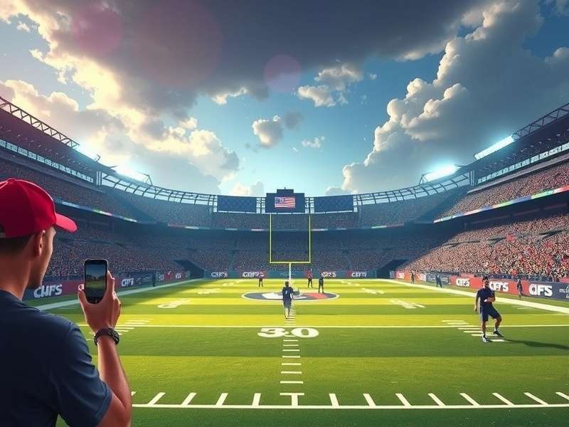 College football stadium packed with fans under the lights, retro style evening game